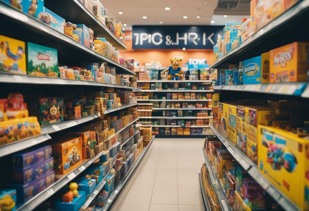 A colorful display of toys and games in a bustling American store