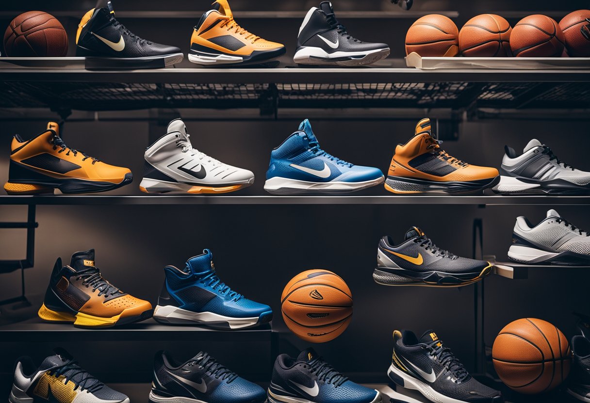 A display of various sports equipment, such as basketballs, soccer balls, tennis rackets, and running shoes, arranged on shelves in a brightly-lit store