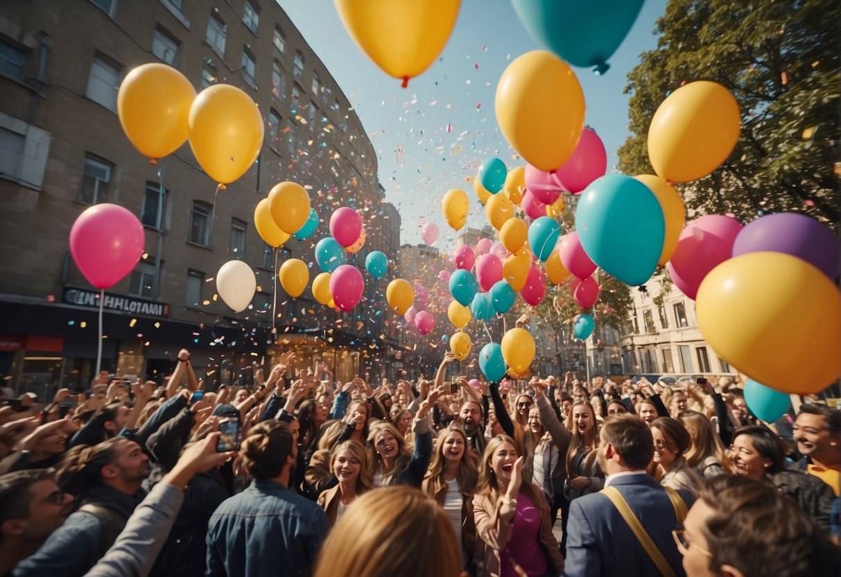 A crowd gathers around a large banner displaying "Exciting Personal Loan Promotions in 2024" in a vibrant city square. Brightly colored balloons and confetti add to the festive atmosphere