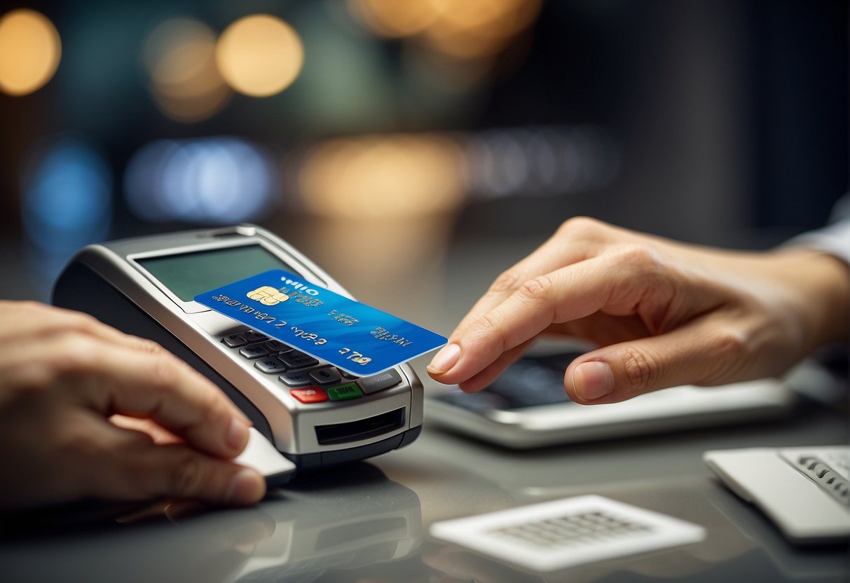 A person swiping a credit card with promotional offers, surrounded by financial icons and symbols