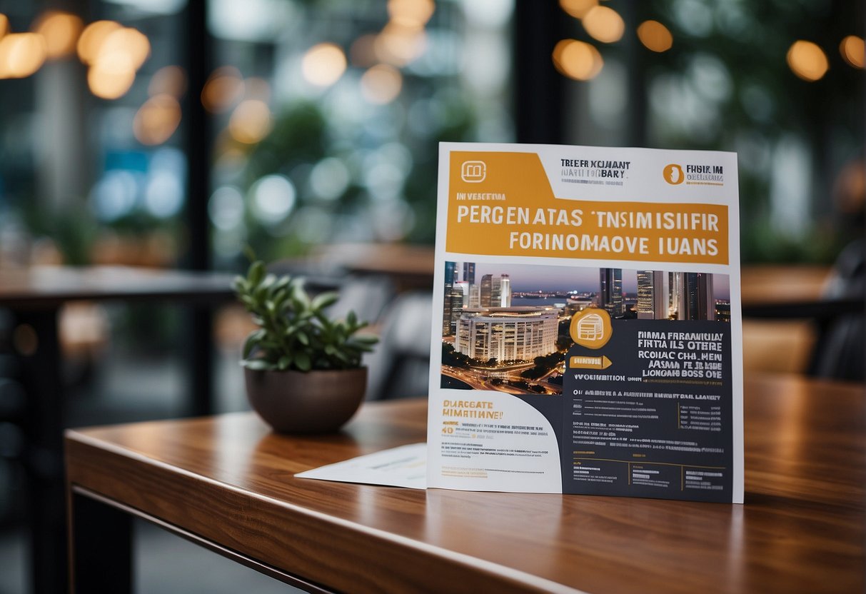 A table with promotional flyers for personal loans in Singapore. A banner with "Frequently Asked Questions" hangs above