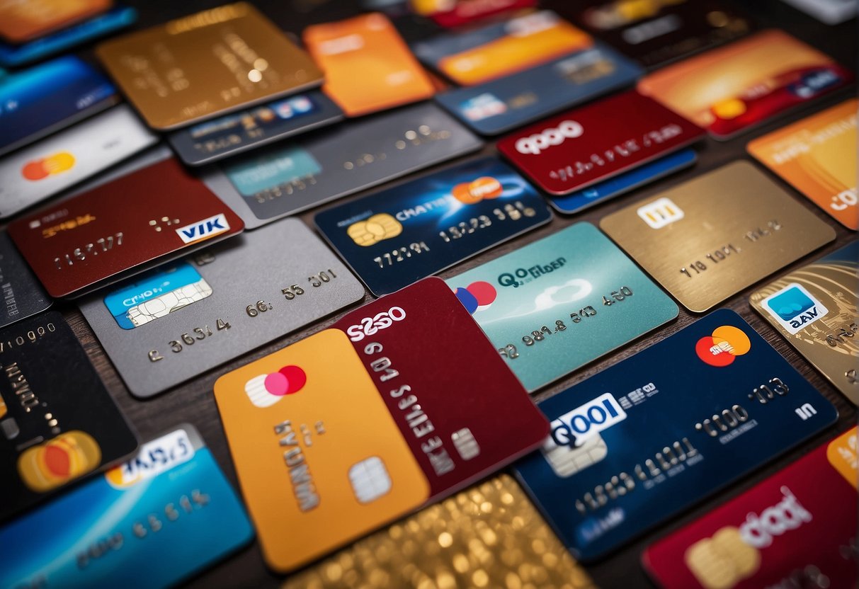A hand holding multiple credit cards, with a backdrop of qoo10 promotions in Singapore, emphasizing savings and benefits