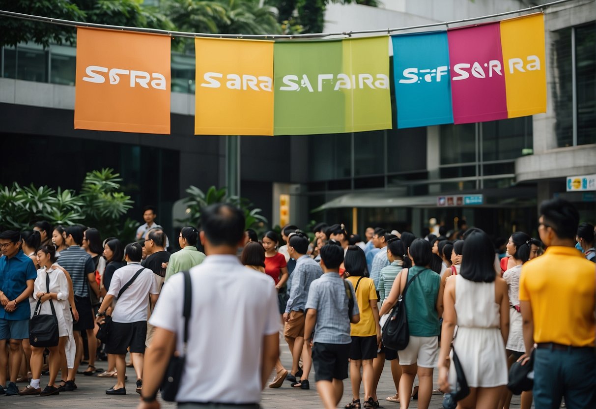 Vibrant Safra promotions in Singapore: colorful banners, bustling crowds, and exciting activities