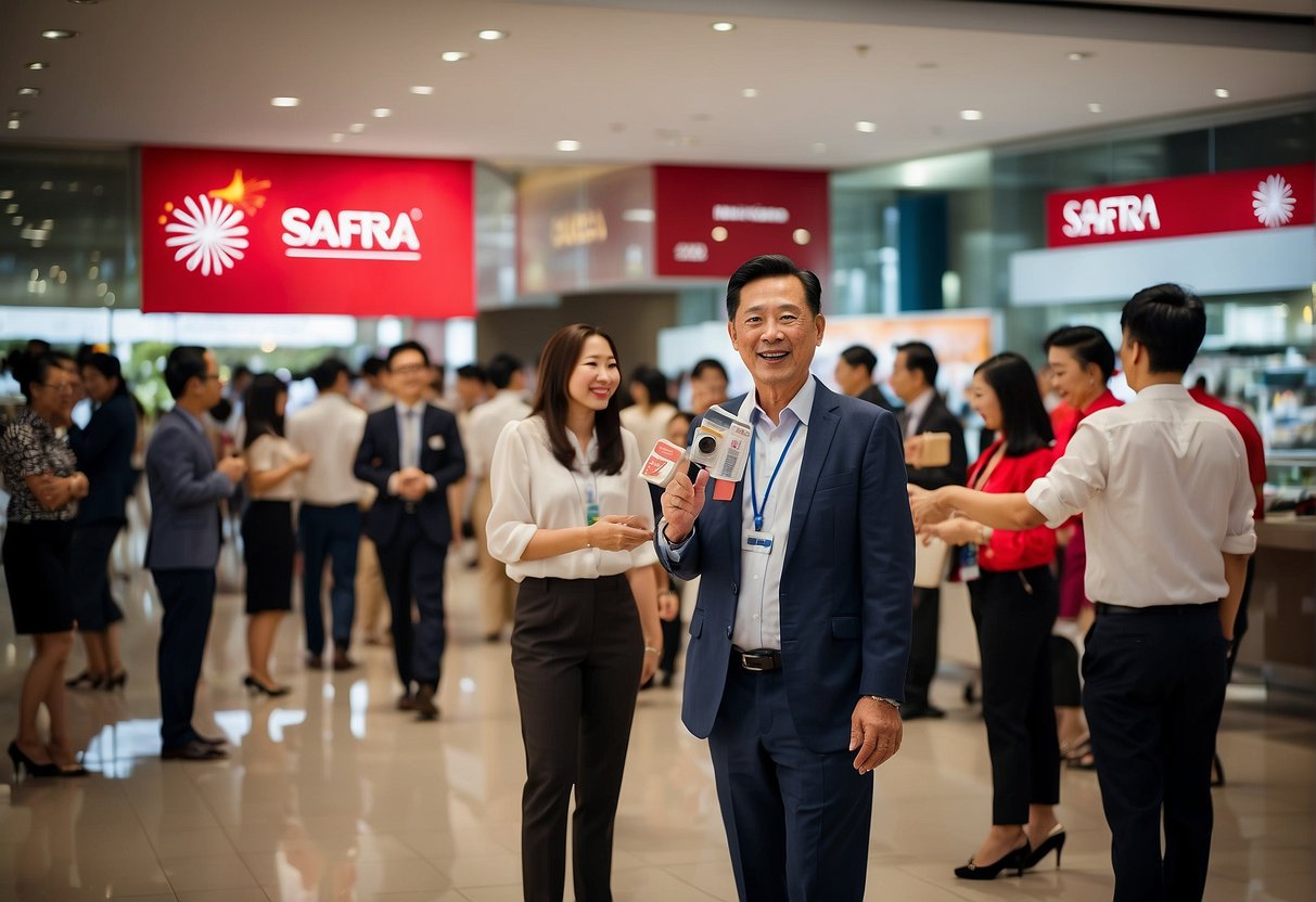SAFRA Members receive exclusive 2024 promotions in Singapore. Display SAFRA logo with promotional items and happy members enjoying the benefits