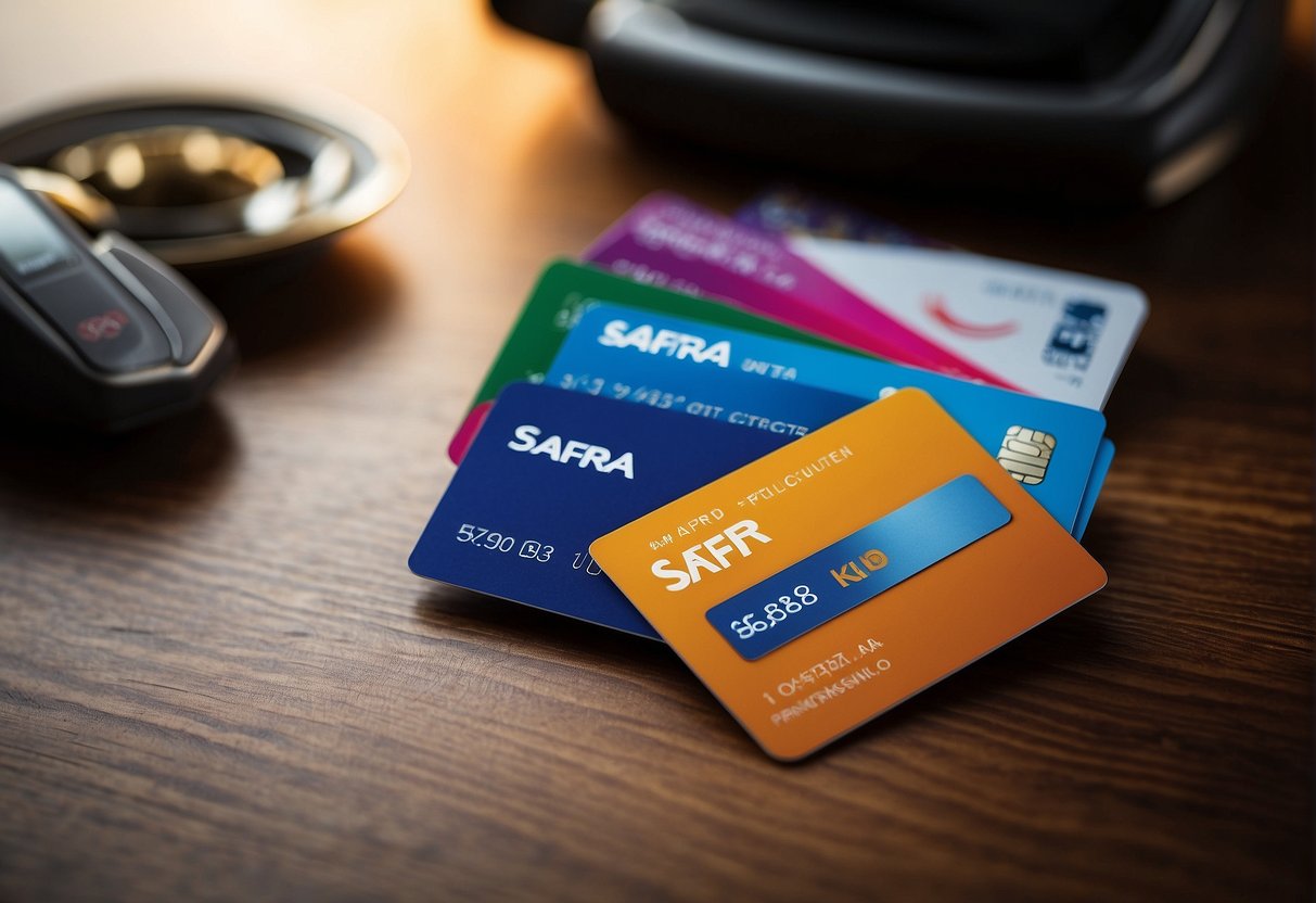 A vibrant SAFRA membership card surrounded by various promotional offers and discounts, with the SAFRA logo prominently displayed
