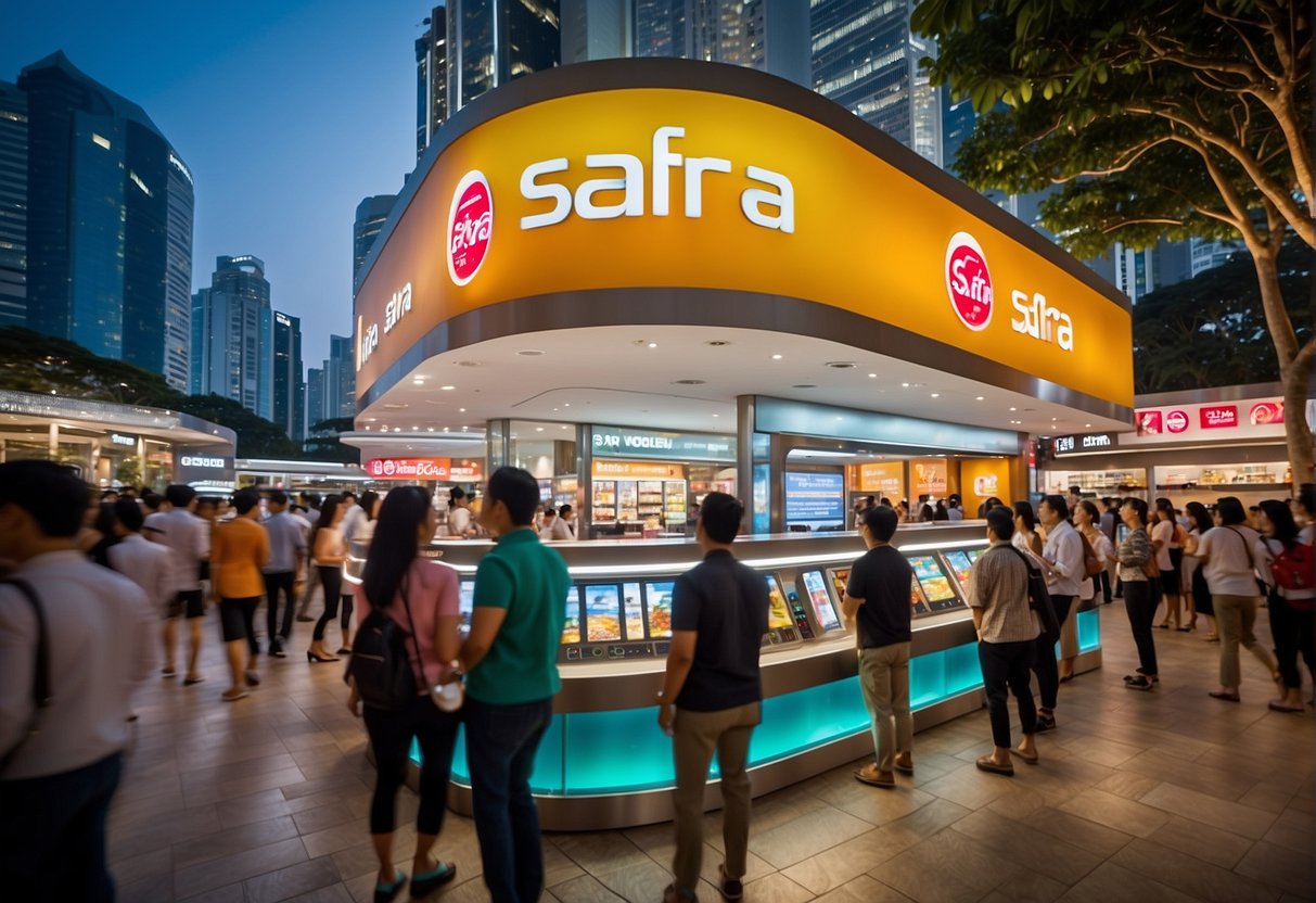 A colorful promotional display with Safra logos and text, surrounded by excited customers in a bustling Singapore setting