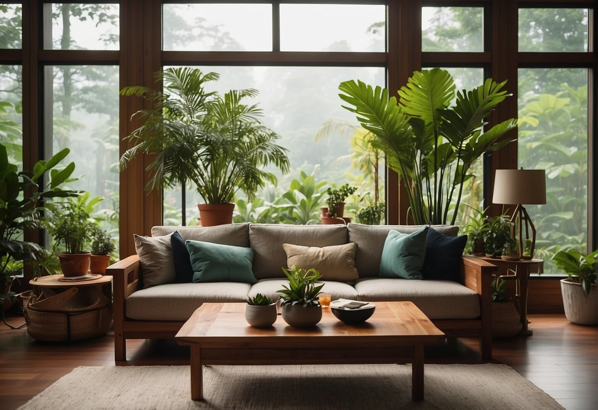 A cozy living room with Scanteak furniture on display, surrounded by lush green plants and natural sunlight streaming in through large windows