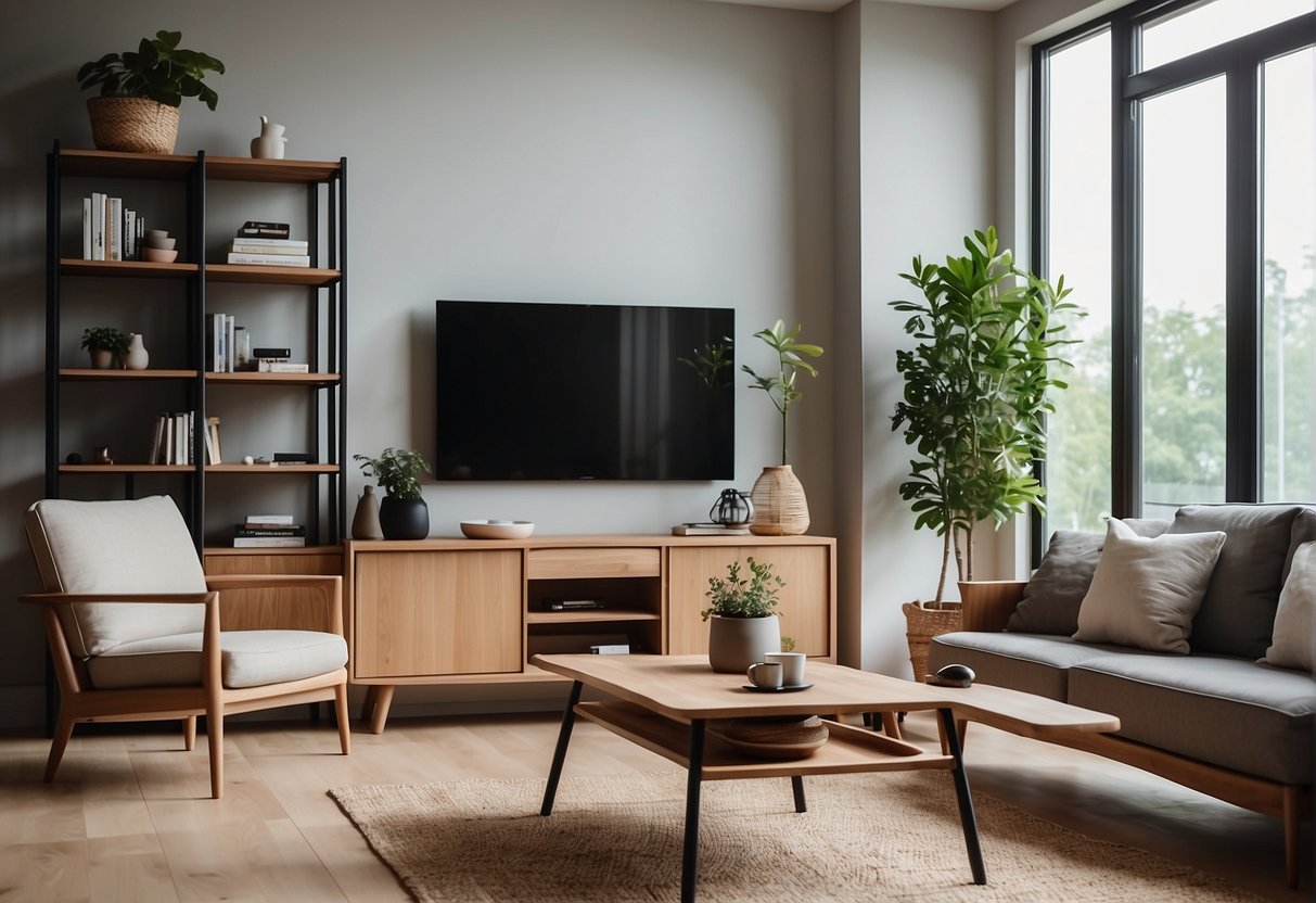 A cozy living room with Scanteak's latest Scandinavian furniture, featuring sleek wooden tables, chairs, and shelves. Bright lighting and a minimalist design create a modern and inviting atmosphere