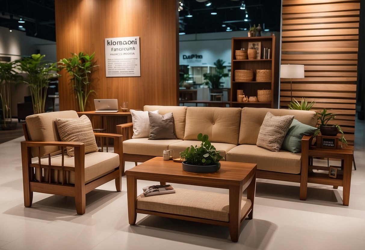 A display of Scanteak furniture with promotional signs in a Singapore showroom