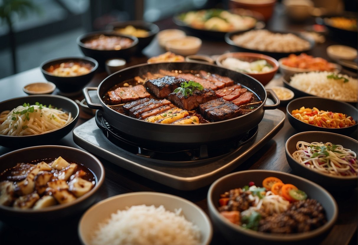 A colorful display of Korean BBQ dishes and traditional Korean decorations at Seoul Garden promotions in Singapore