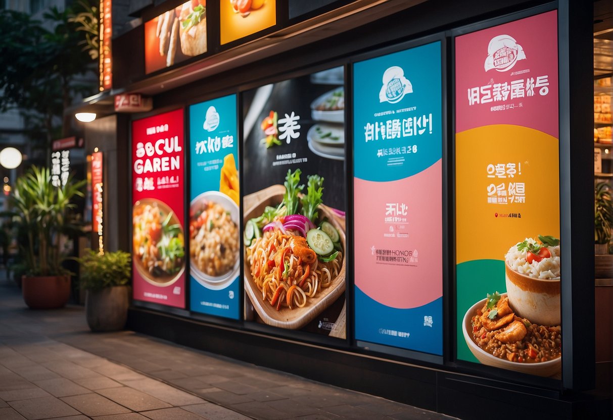 A colorful display of promotional posters and banners for Seoul Garden promotions in Singapore. Bright lights and enticing food images draw in customers
