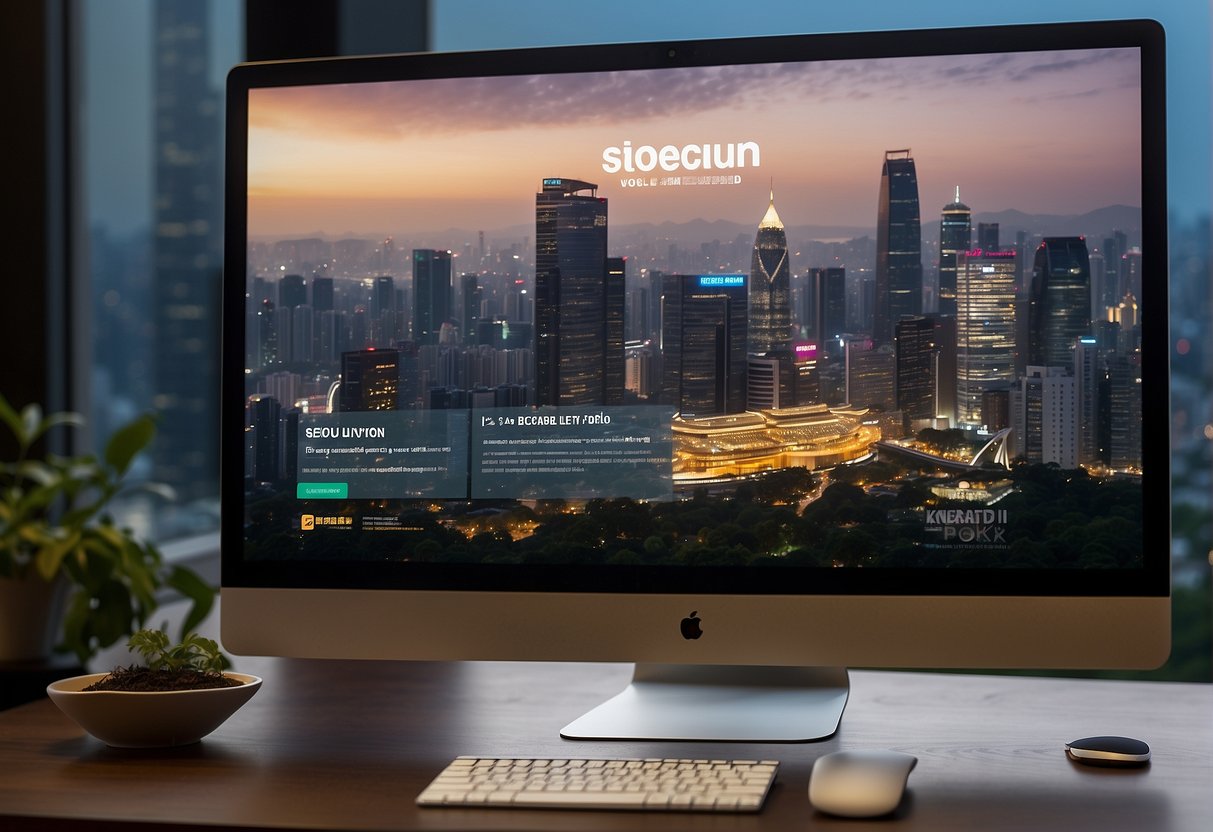 Seoul Garden promotions displayed on a computer screen with an online reservation form and delivery options. Singapore skyline in the background