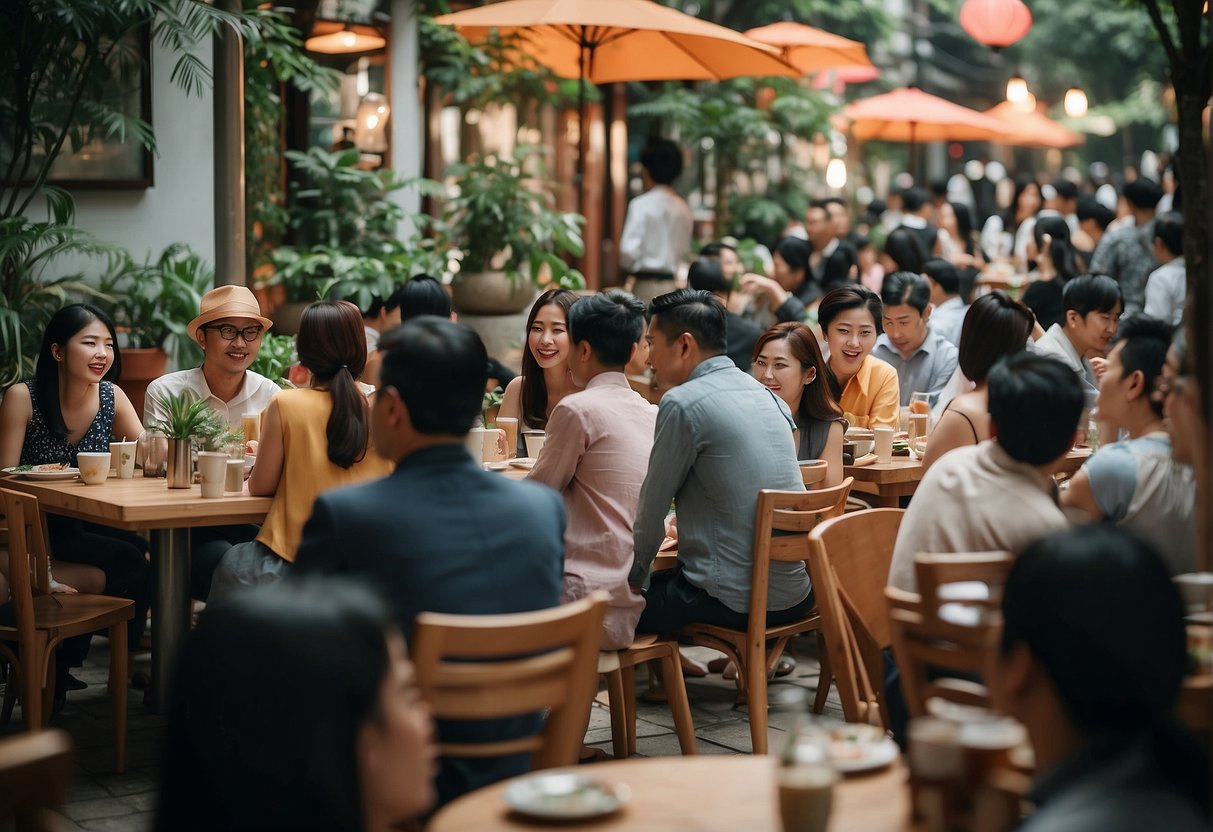 A bustling restaurant with colorful banners and tables filled with happy customers enjoying the Seoul Garden promotions in Singapore