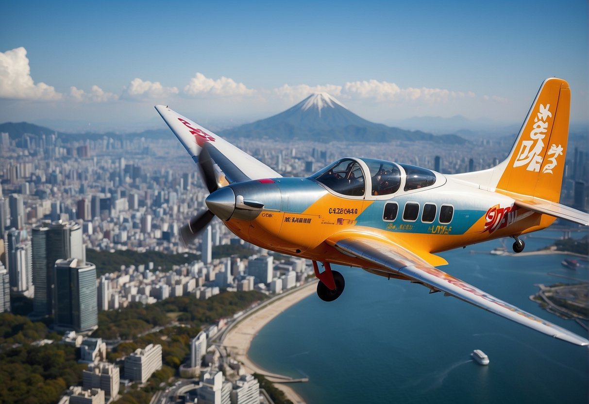 A colorful airplane flying over iconic Japanese landmarks with a promotional banner in the clear blue sky