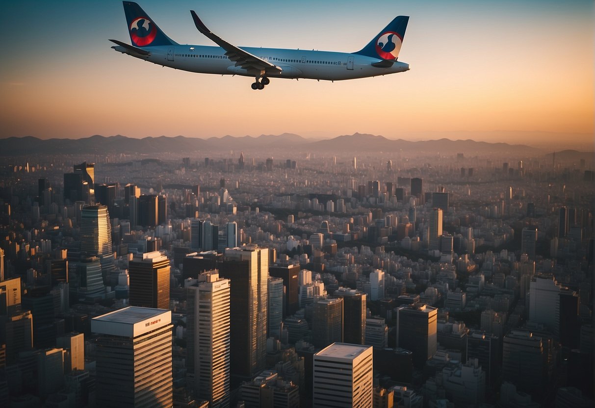 A vibrant Tokyo skyline with a plane flying overhead, showcasing the excitement of Japan airfare promotions