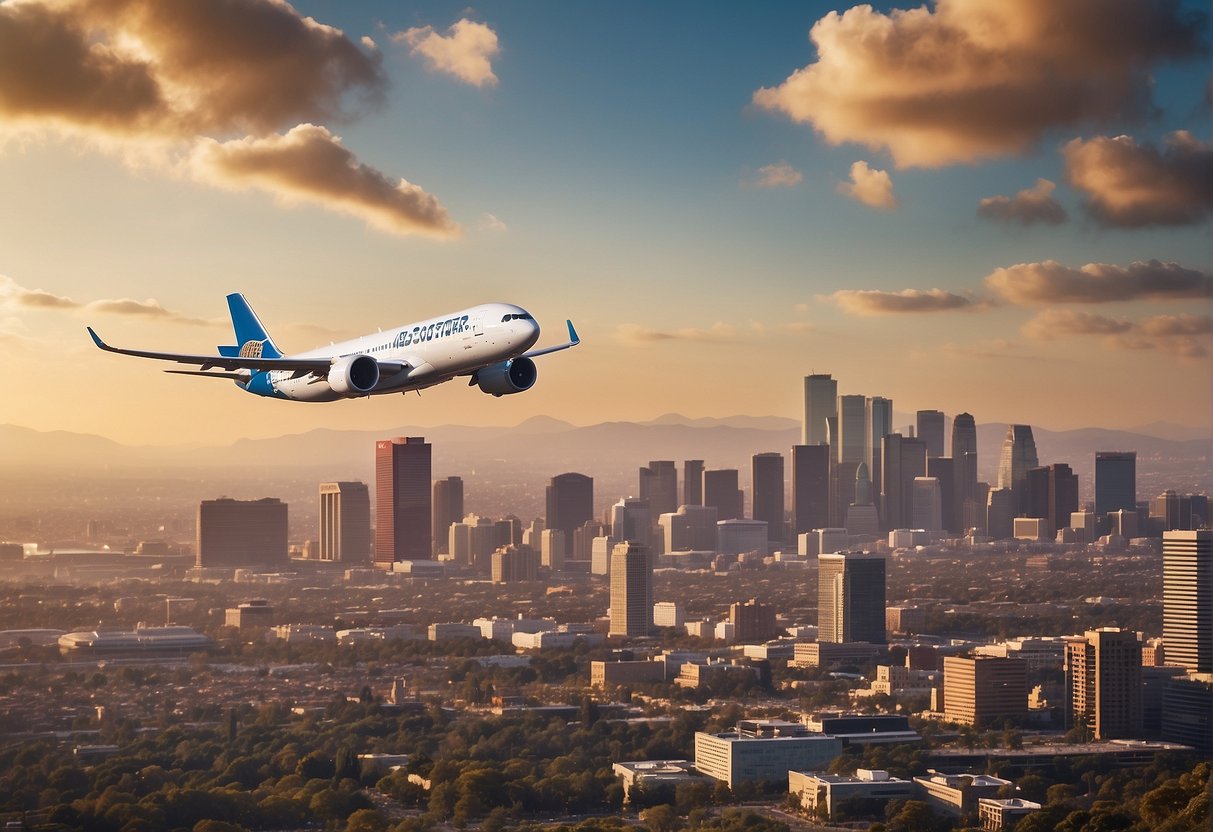 Two airplanes flying over iconic landmarks of Boston and Los Angeles, with promotional banners for Japan and Singapore airfares visible