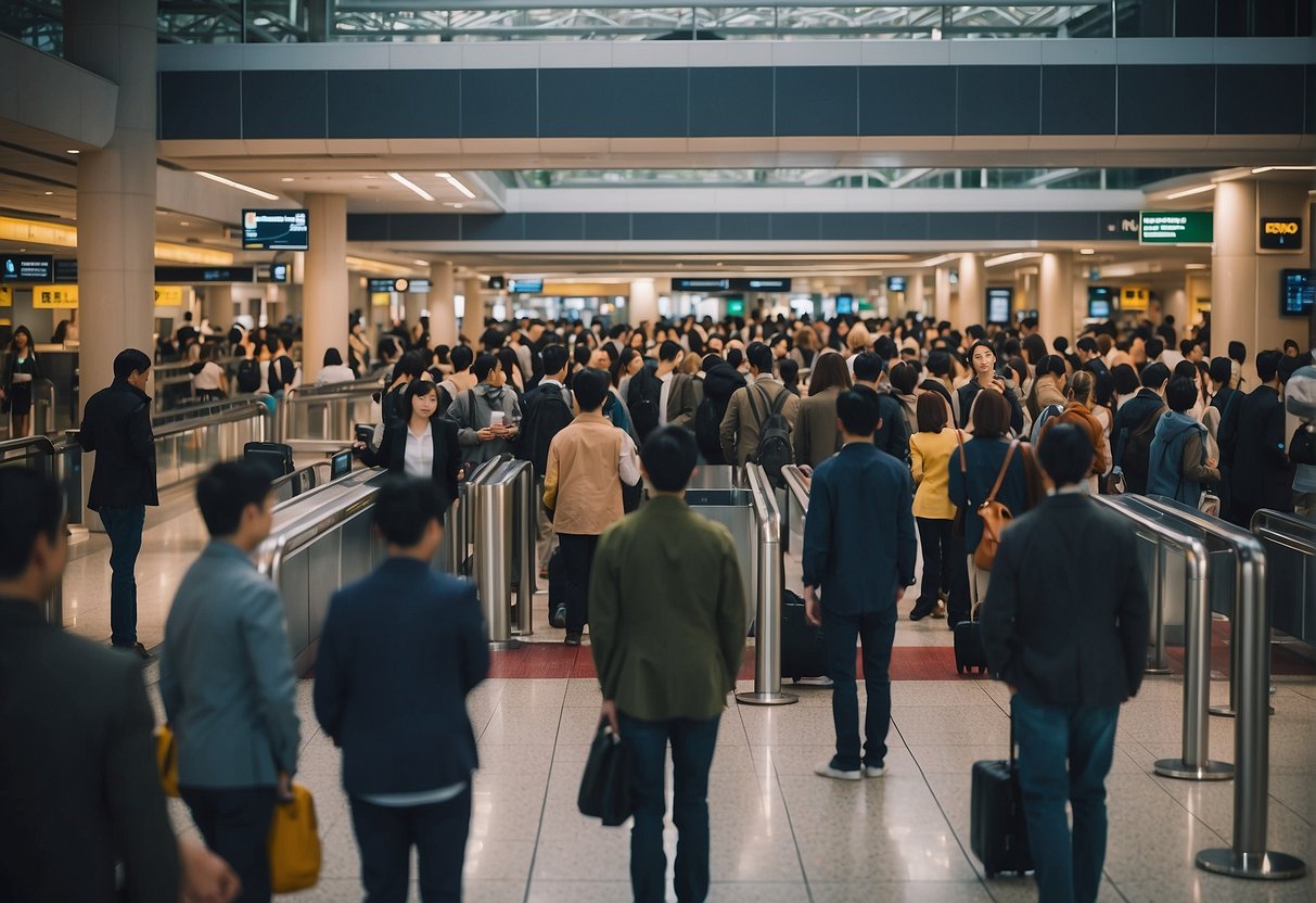 A crowded airport terminal with travelers lining up at ticket counters and browsing promotional posters for Japan airfare deals