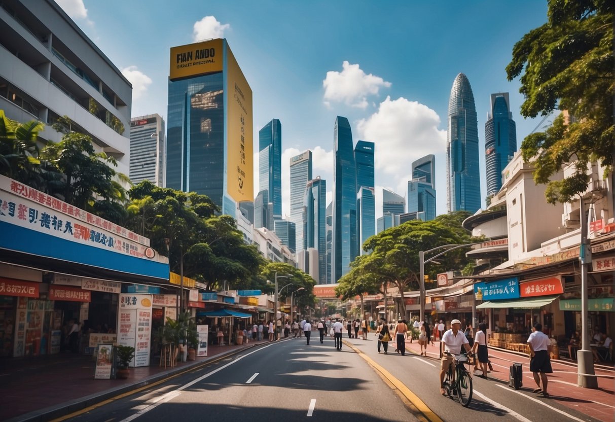 Vibrant cityscape with iconic landmarks and bustling streets of Singapore, adorned with colorful promotional banners under a clear blue sky
