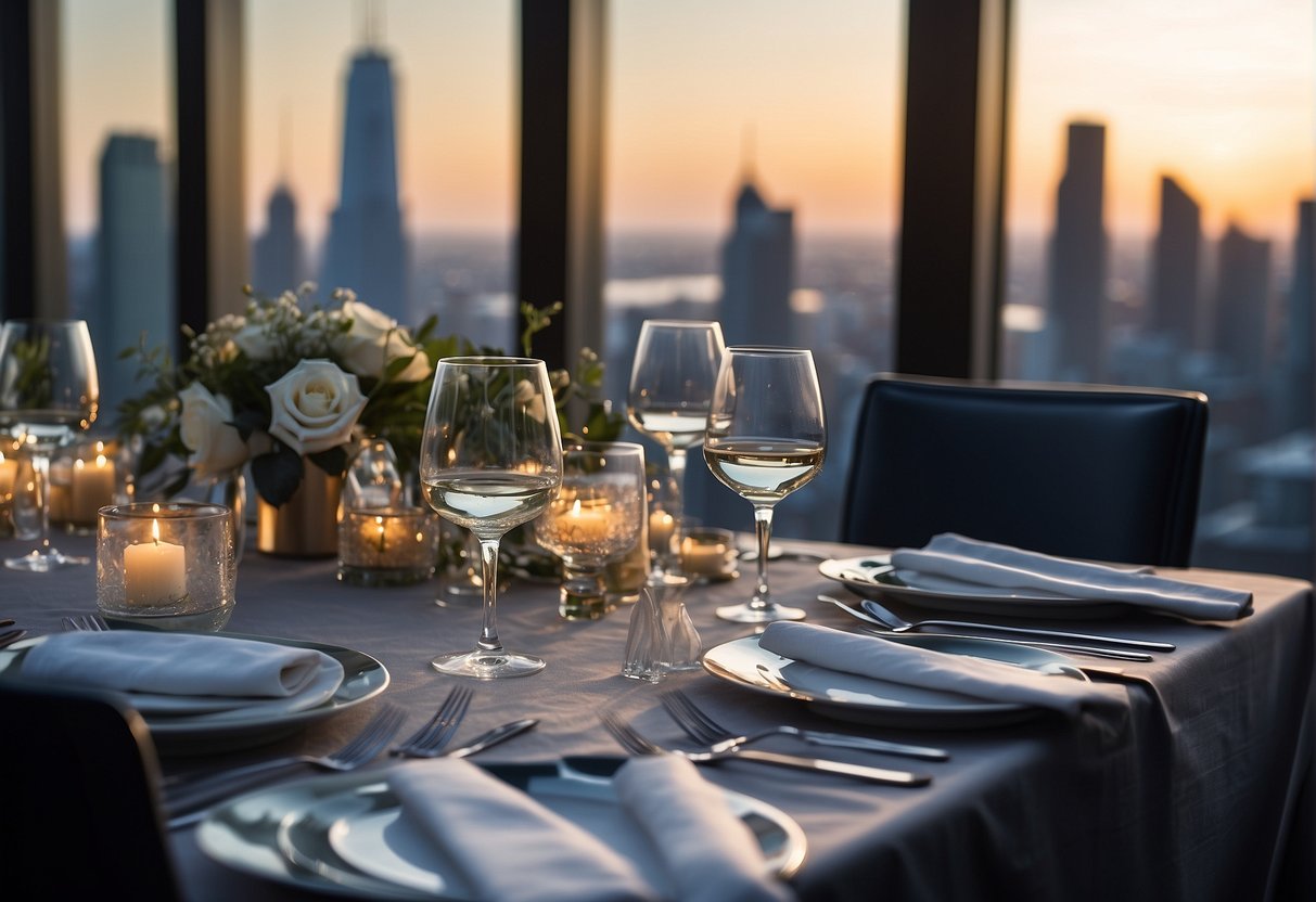 A table set with elegant dinnerware and a view of the city skyline through floor-to-ceiling windows at Sky22 restaurant