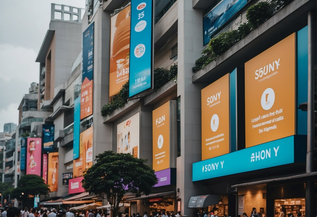 A bustling city street in Singapore with vibrant Sony promotions displayed in storefronts and on billboards