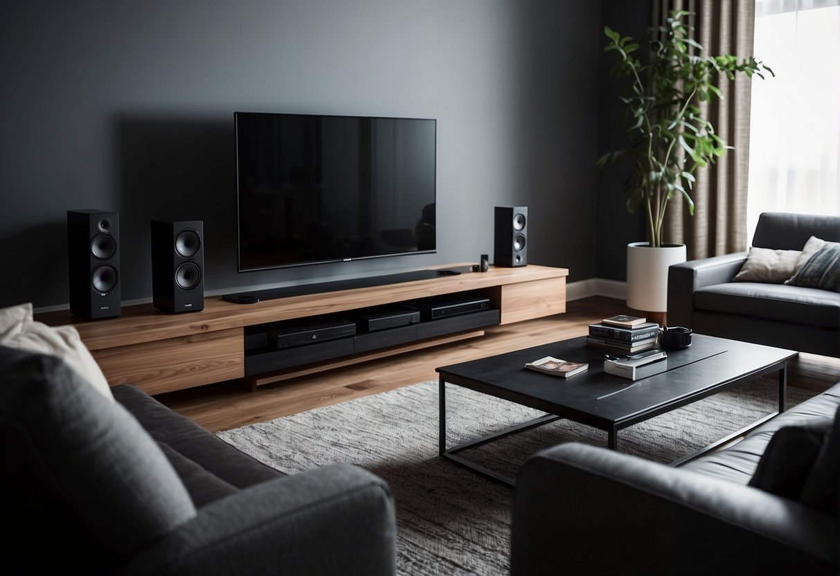A living room with a sleek Sony TV, sound system, and gaming console. The room is filled with soft lighting and comfortable seating, creating a cozy and modern entertainment space