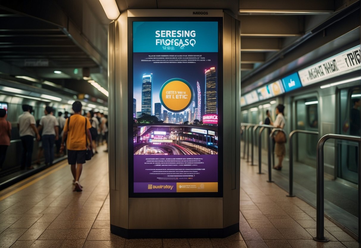 A bustling subway station in Singapore with vibrant promotional posters adorning the walls and digital screens displaying upcoming events and offers