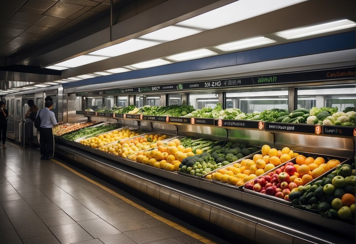 Vibrant fruits and vegetables displayed on a clean, modern subway platform with bold "Savour the Freshness" signage