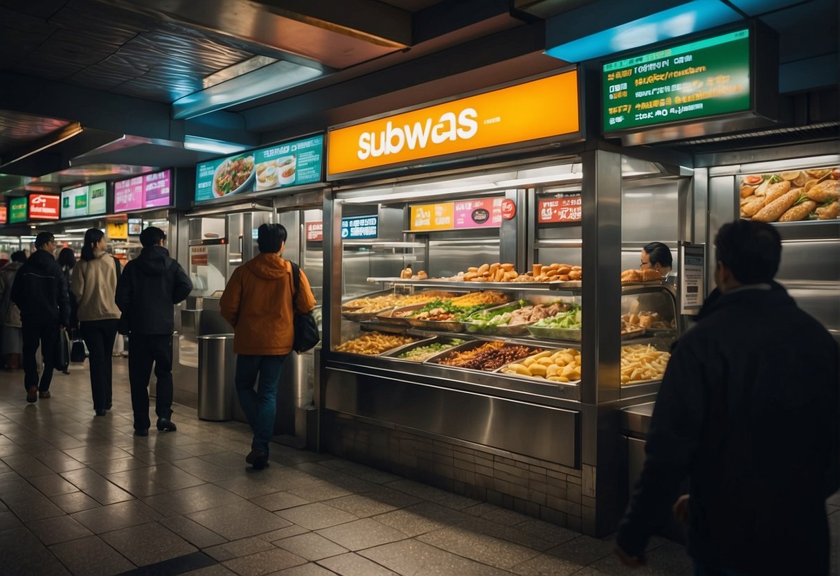 A bustling subway station with colorful food promotions displayed on large billboards, enticing passersby with a variety of tantalizing tastes for every palate