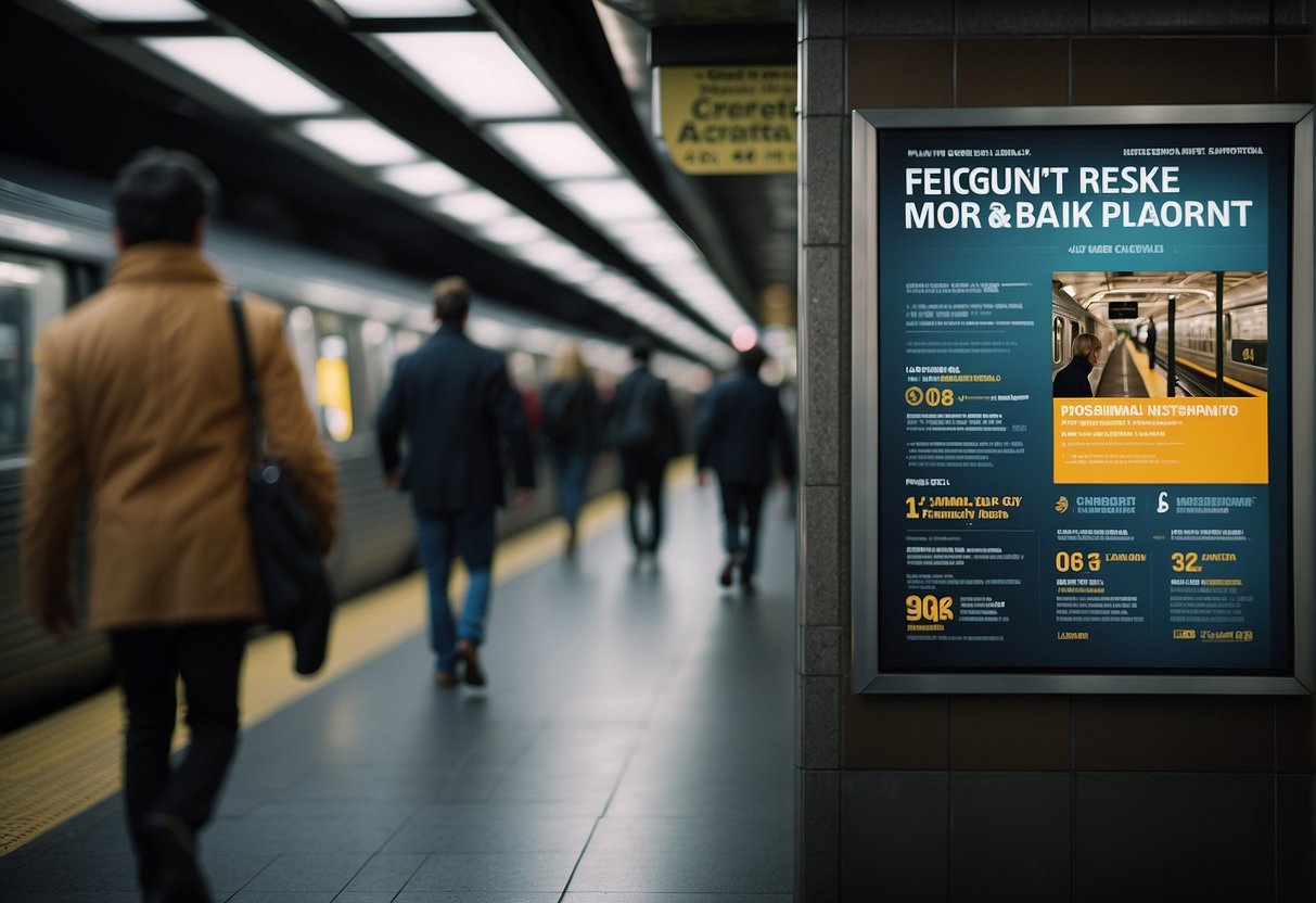 A bustling subway platform with promotional posters lining the walls, commuters passing through, and a prominent "Frequently Asked Questions" display