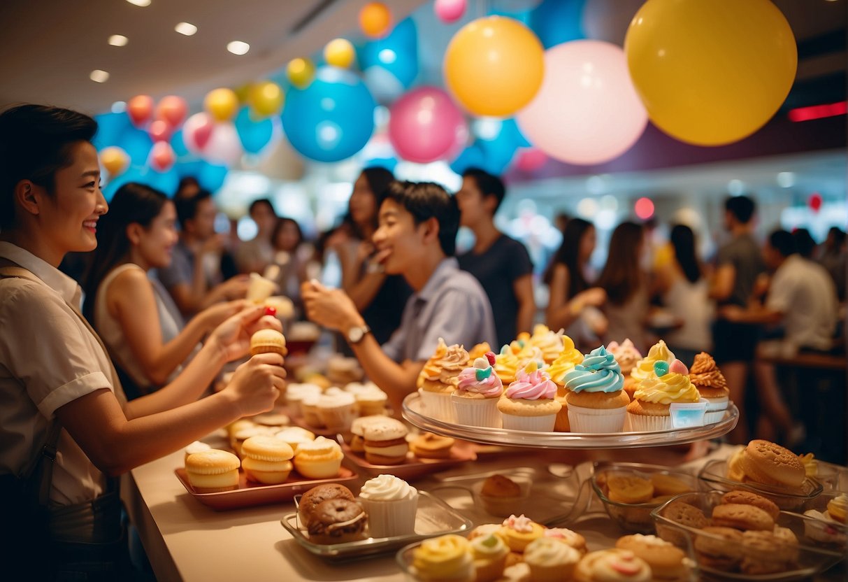 A bustling Swensens promotions event in Singapore, with colorful decorations and happy customers enjoying ice cream treats