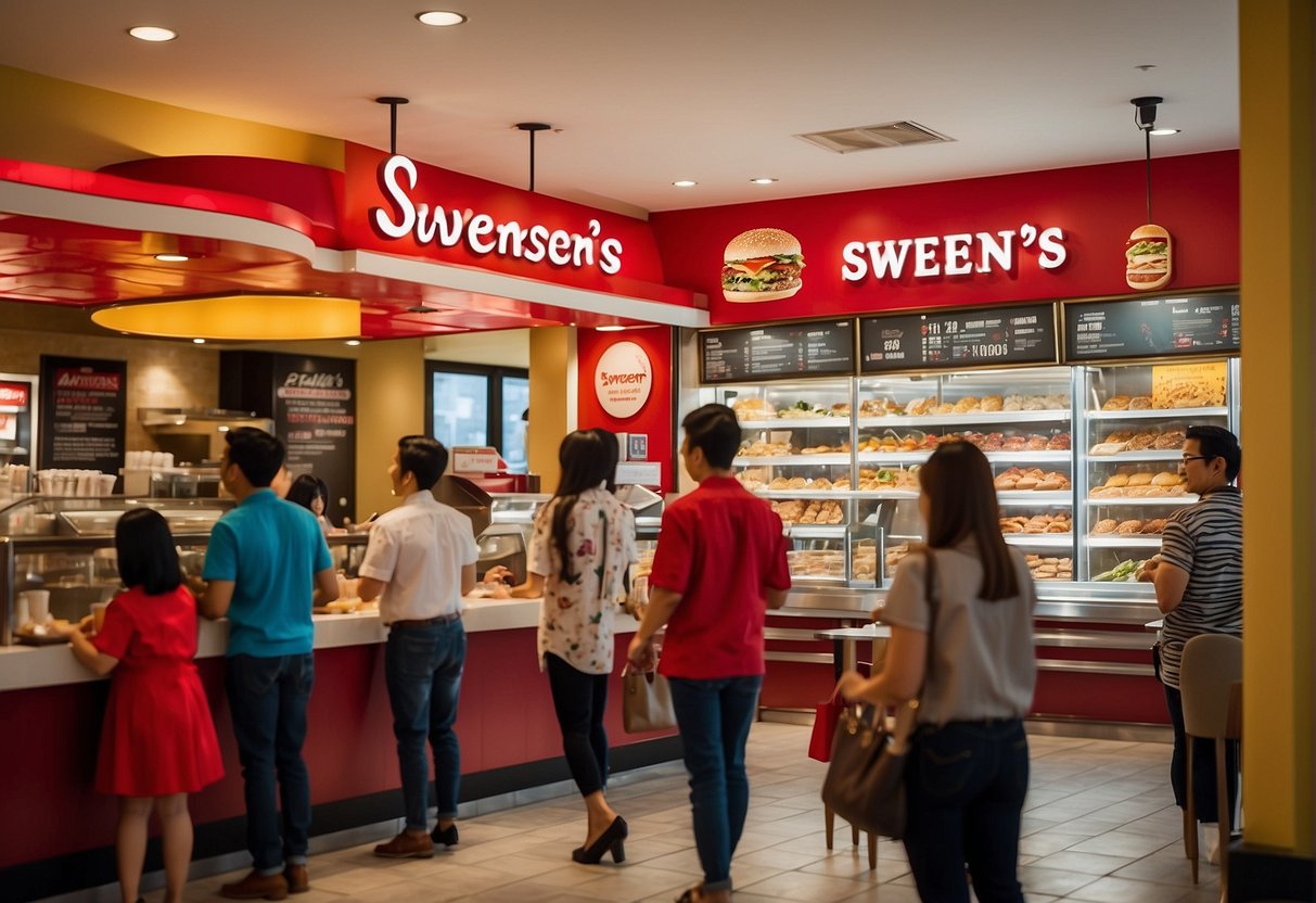 Customers enjoying exclusive discounts at Swensen's, with vibrant signage and happy faces