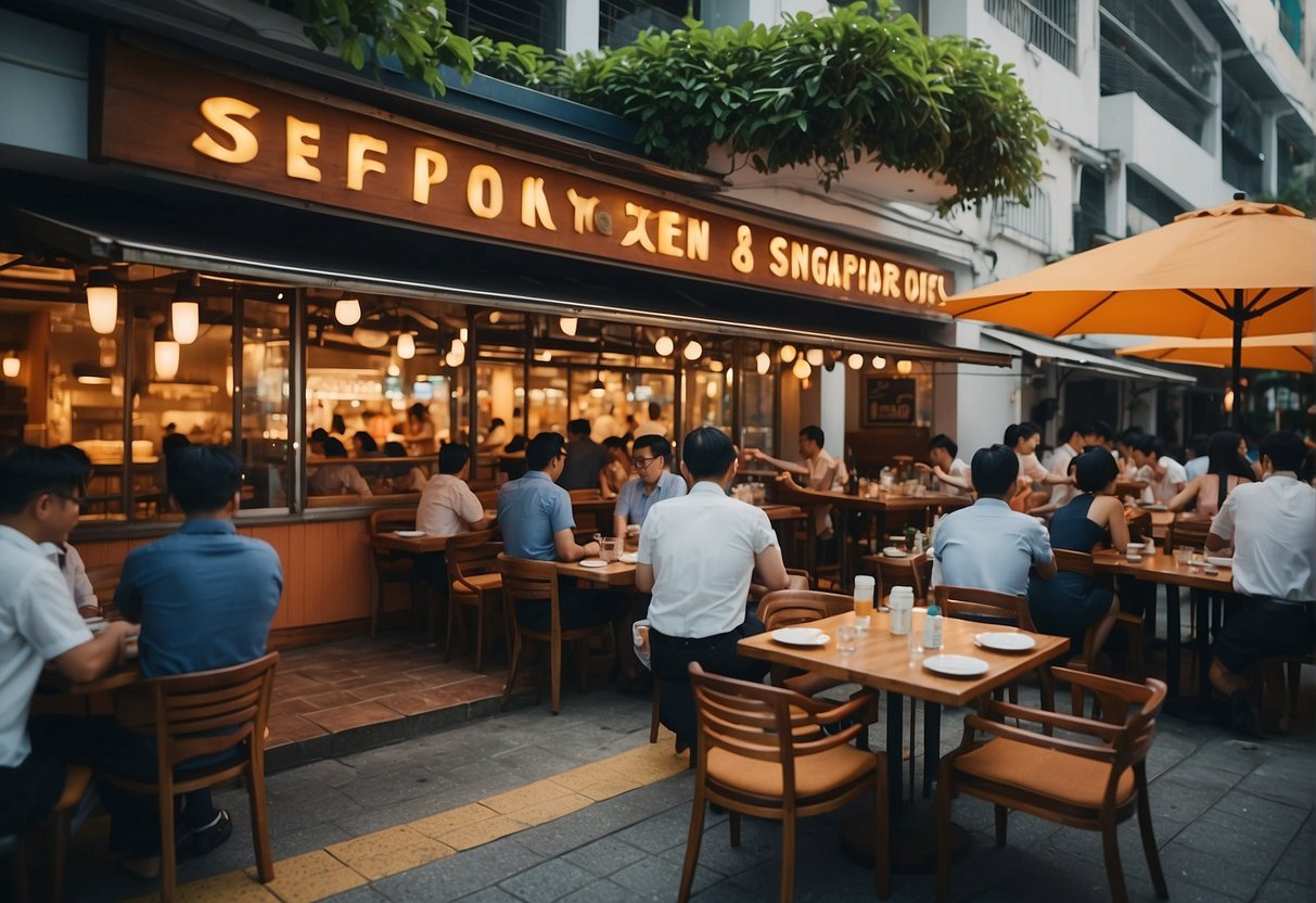 A bustling seafood restaurant with vibrant signage and a crowded outdoor dining area in the heart of Singapore