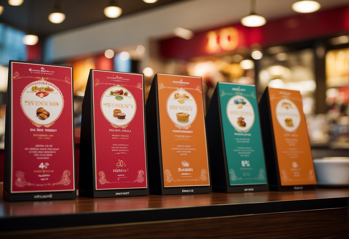 A colorful display of promotional materials for Swensen's in Singapore, featuring enticing offers and frequently asked questions