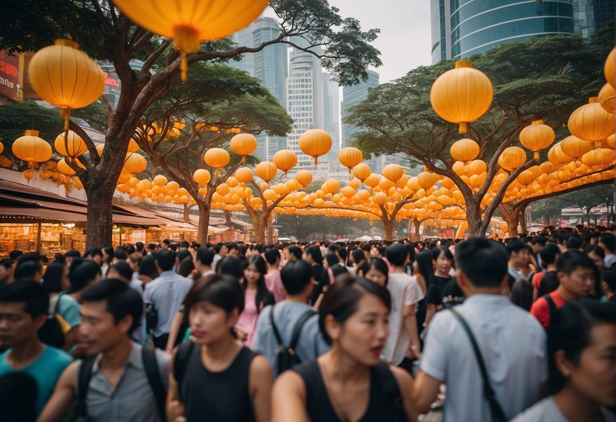 Colorful Taobao promotions in Singapore: vibrant banners, bustling crowds, and iconic landmarks in the background