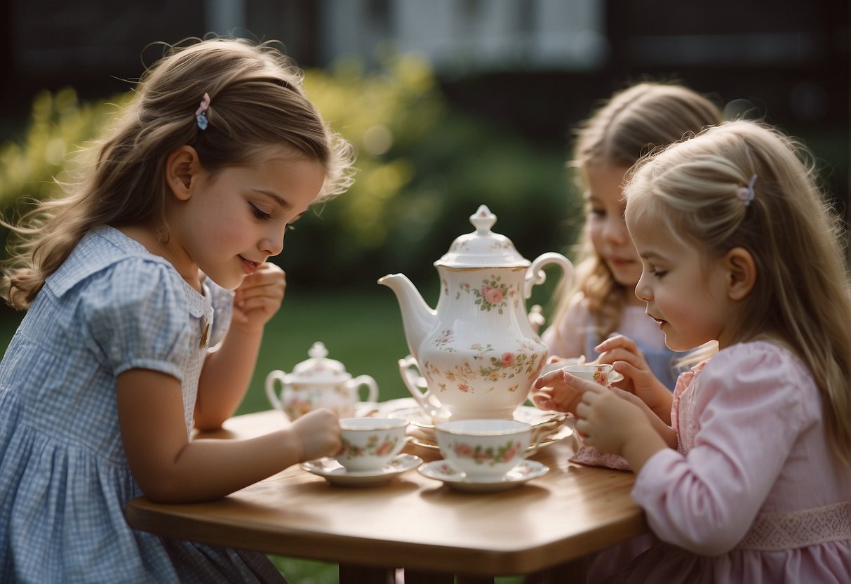 Girls playing dress-up, having a tea party, or doing arts and crafts during a play date