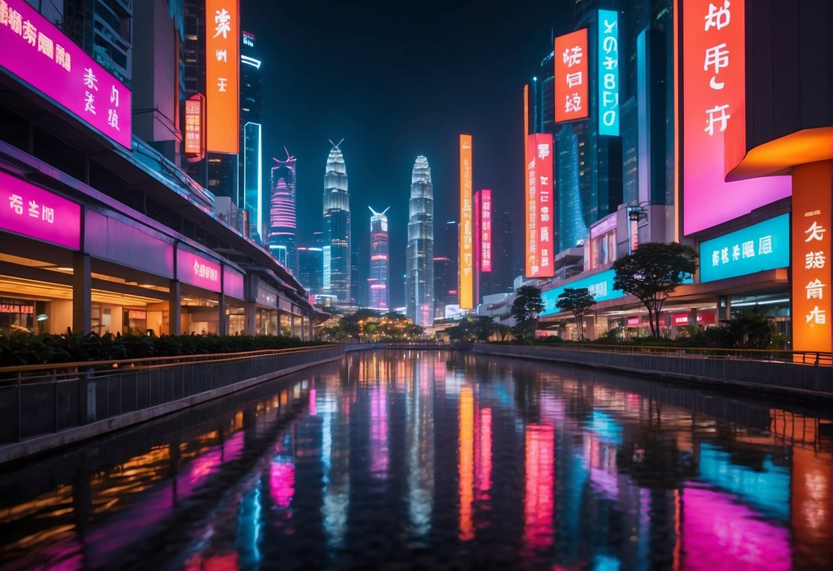 A vibrant, futuristic cityscape with glowing neon signs advertising exclusive 2024 promotions for Taobao in Singapore