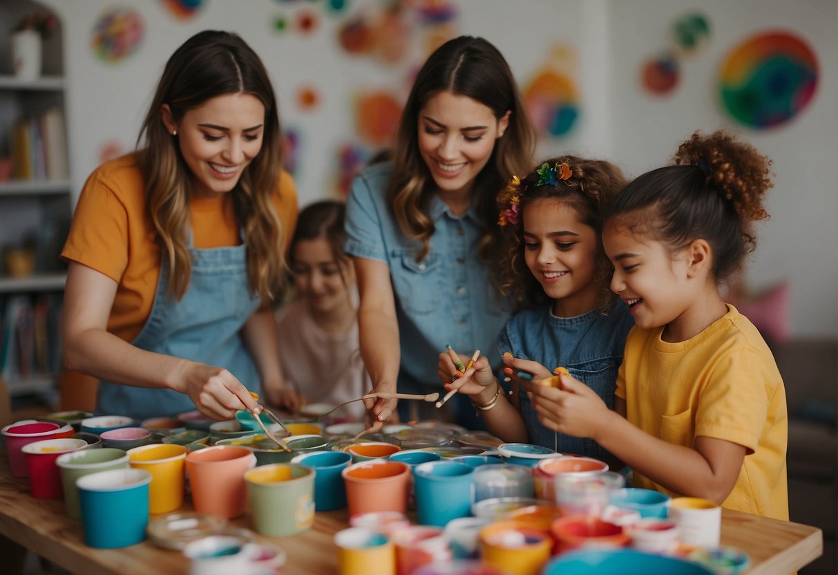 A group of girls engage in a fun play date, painting and crafting together, surrounded by colorful art supplies and cheerful decorations