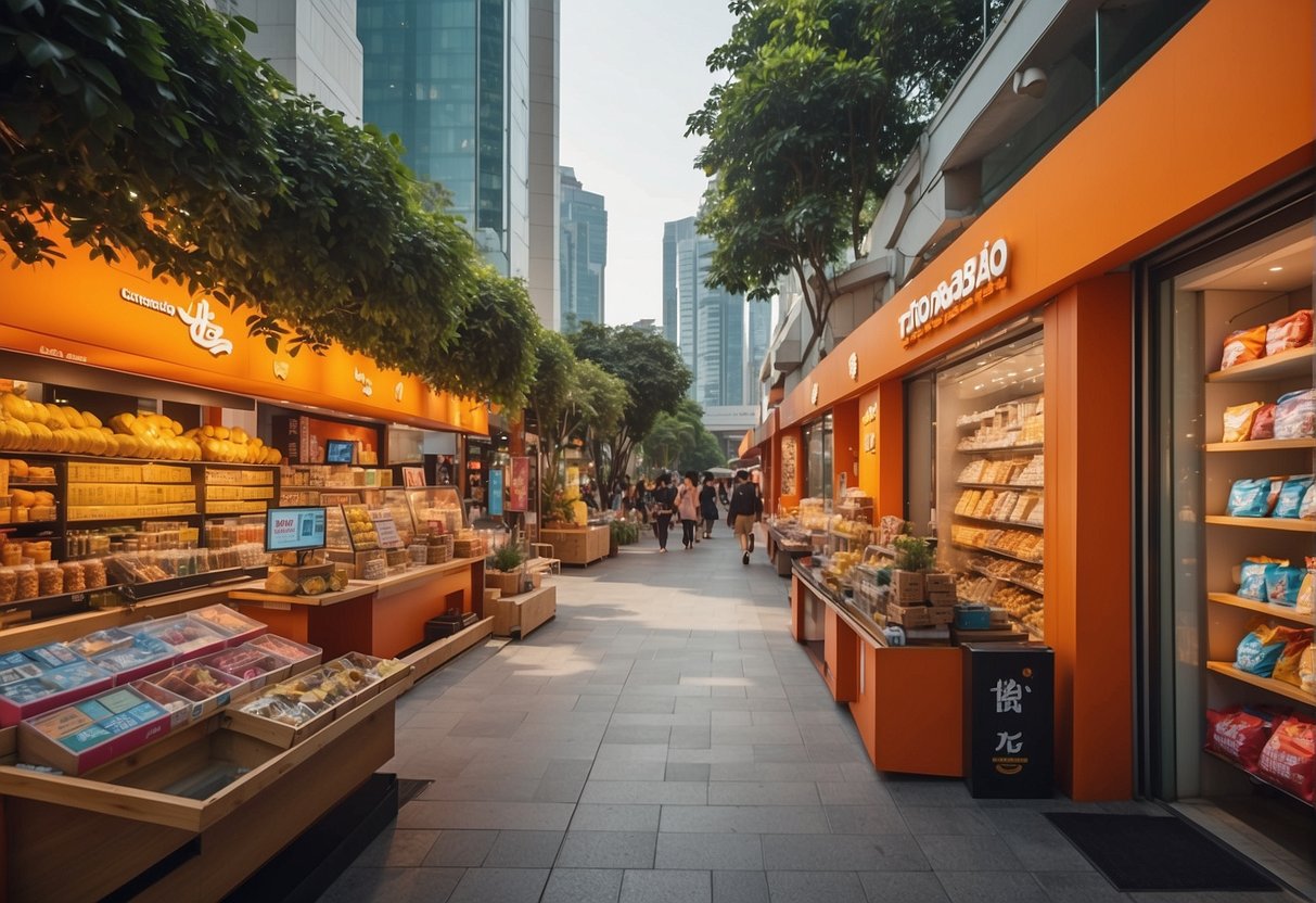 A colorful display of Taobao promotions in Singapore, with various products and rewards showcased in a seamless shopping guide