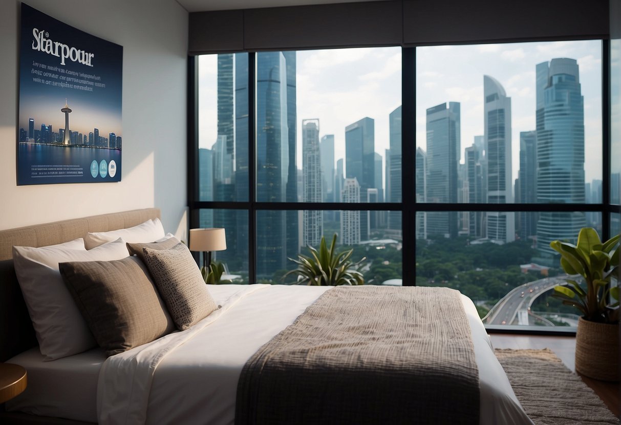 A cozy bedroom with a Tempur mattress and pillows, adorned with promotional banners and discounts, against a backdrop of the Singapore skyline