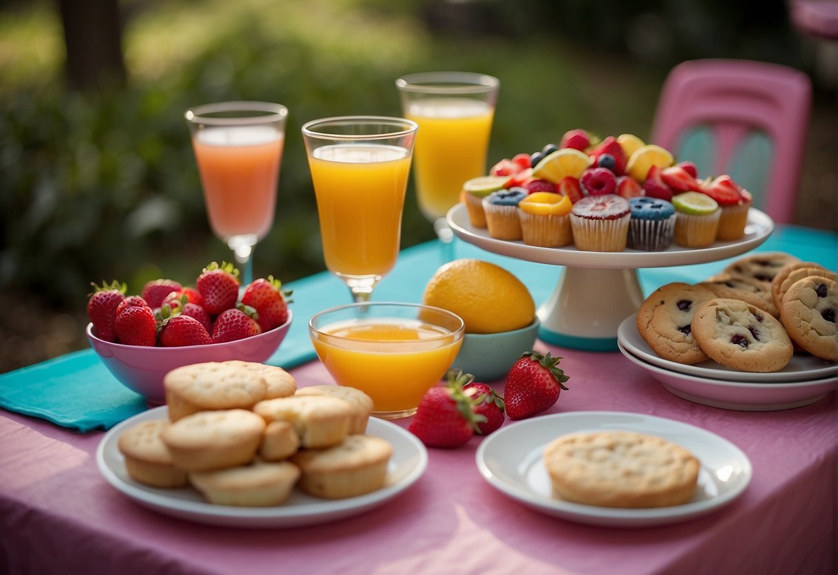 A table set with colorful fruit, sandwiches, and juice boxes for a girls' playdate. Cookies and cupcakes add a sweet touch