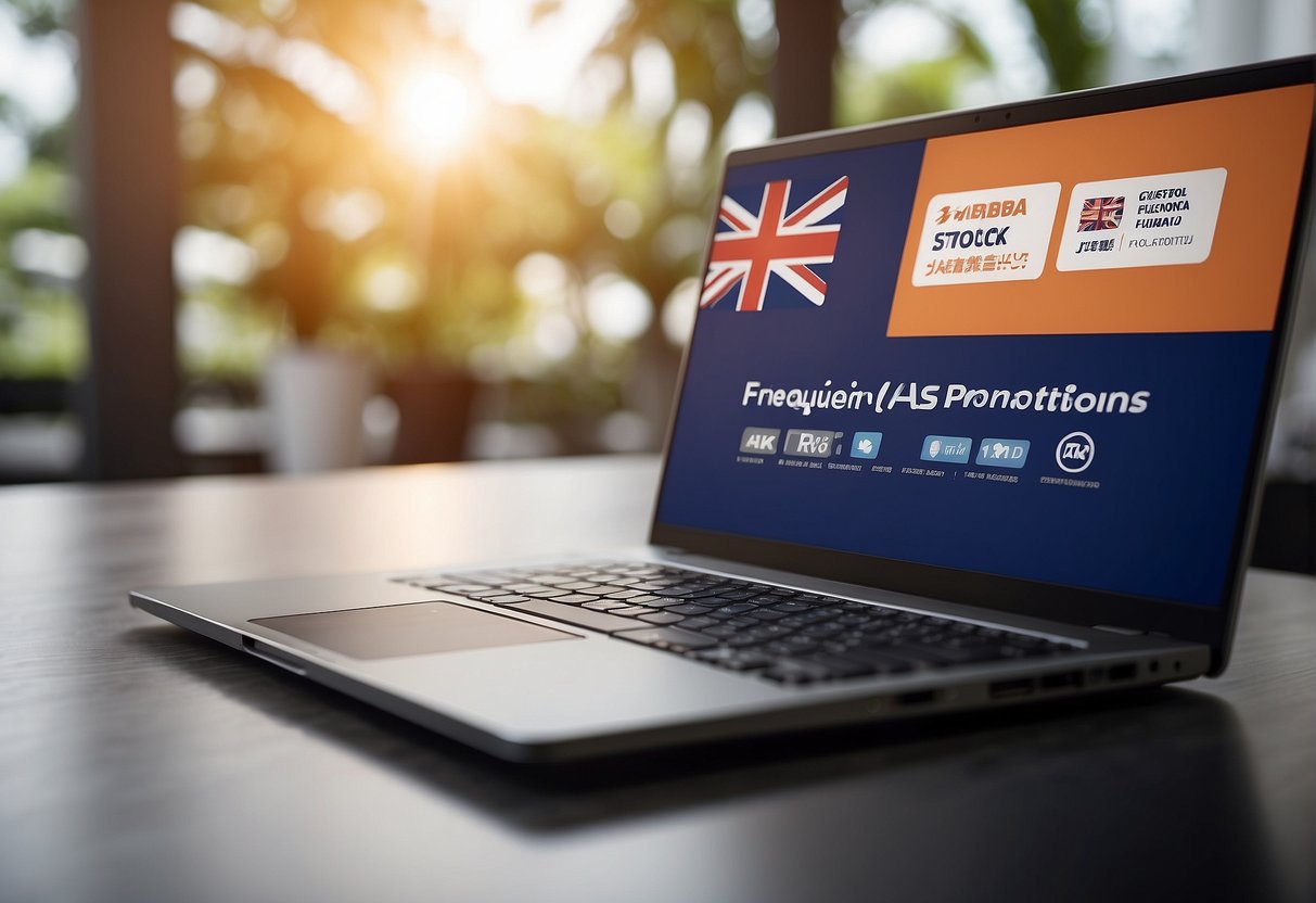 A laptop displaying "Frequently Asked Questions Taobao Promotions Singapore" with a promotional banner and a Singaporean flag in the background