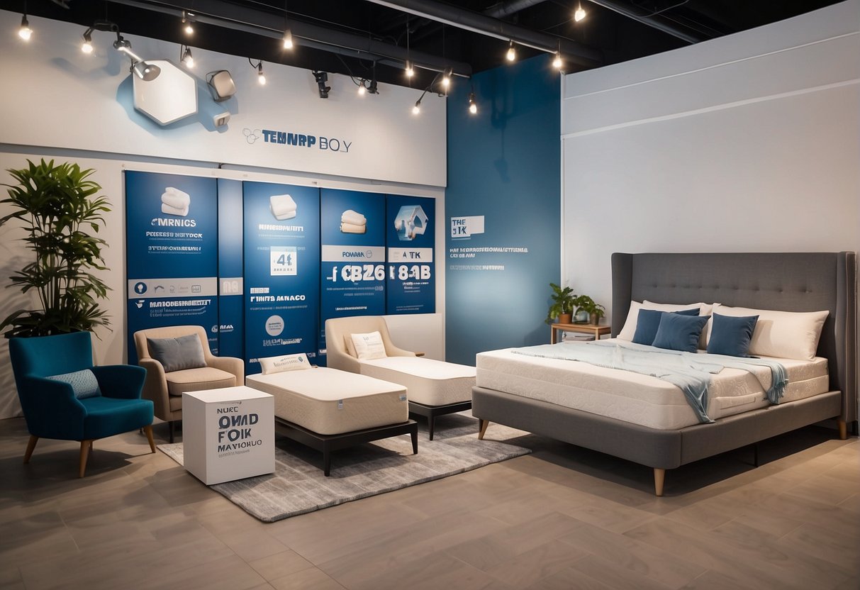A bright, modern showroom with Tempur mattresses and pillows on display, surrounded by promotional banners and signs