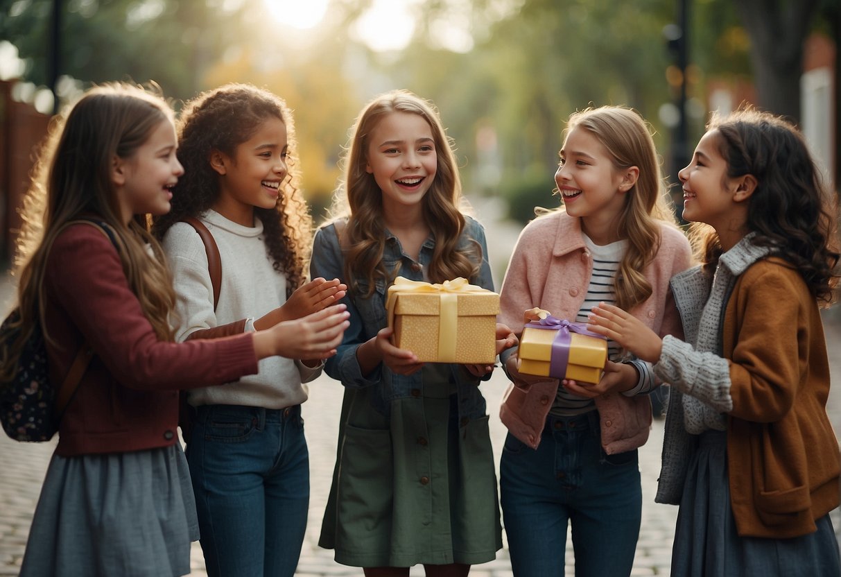 A group of girls hug goodbye, exchanging gifts and promises for their next play date. Laughter and chatter fill the air as they part ways, creating a heartwarming and memorable scene for an illustrator to recreate