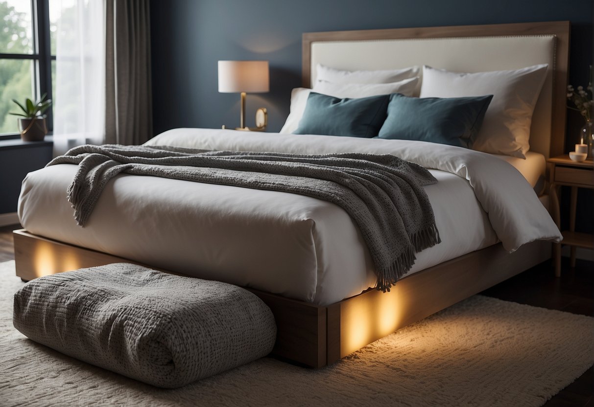 A peaceful bedroom with a Tempur® mattress, pillows, and blankets. Soft lighting and a serene atmosphere