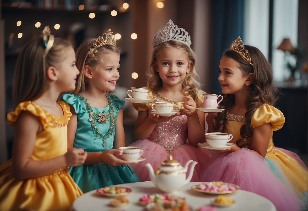 A group of girls playing dress-up with princess costumes and tiaras, surrounded by colorful toys and a tea party set