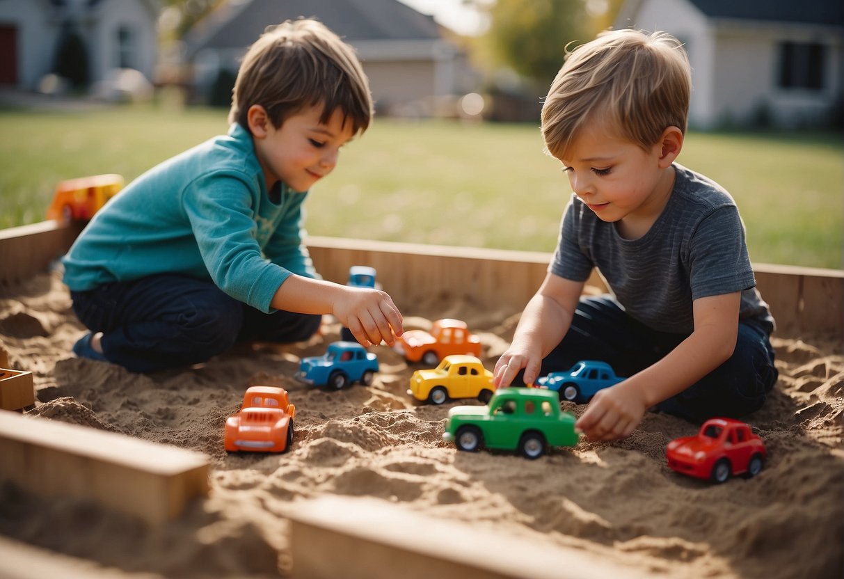 Boys playing with toy cars and building blocks in a backyard sandbox