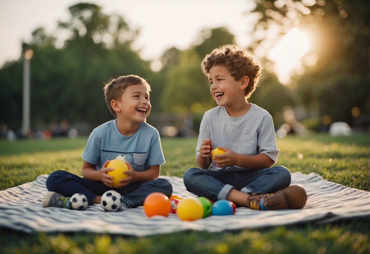 Two boys sit on a blanket in a grassy park, surrounded by toys and snacks. They are laughing and playing together, with a soccer ball and a toy truck nearby