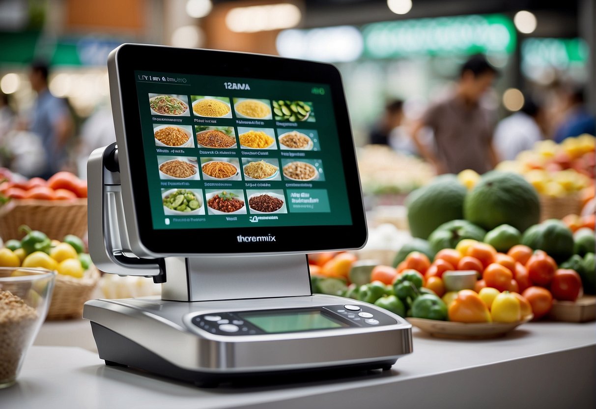 A Thermomix display at a bustling Singaporean market, with vibrant colors and excited customers interacting with the promotional materials