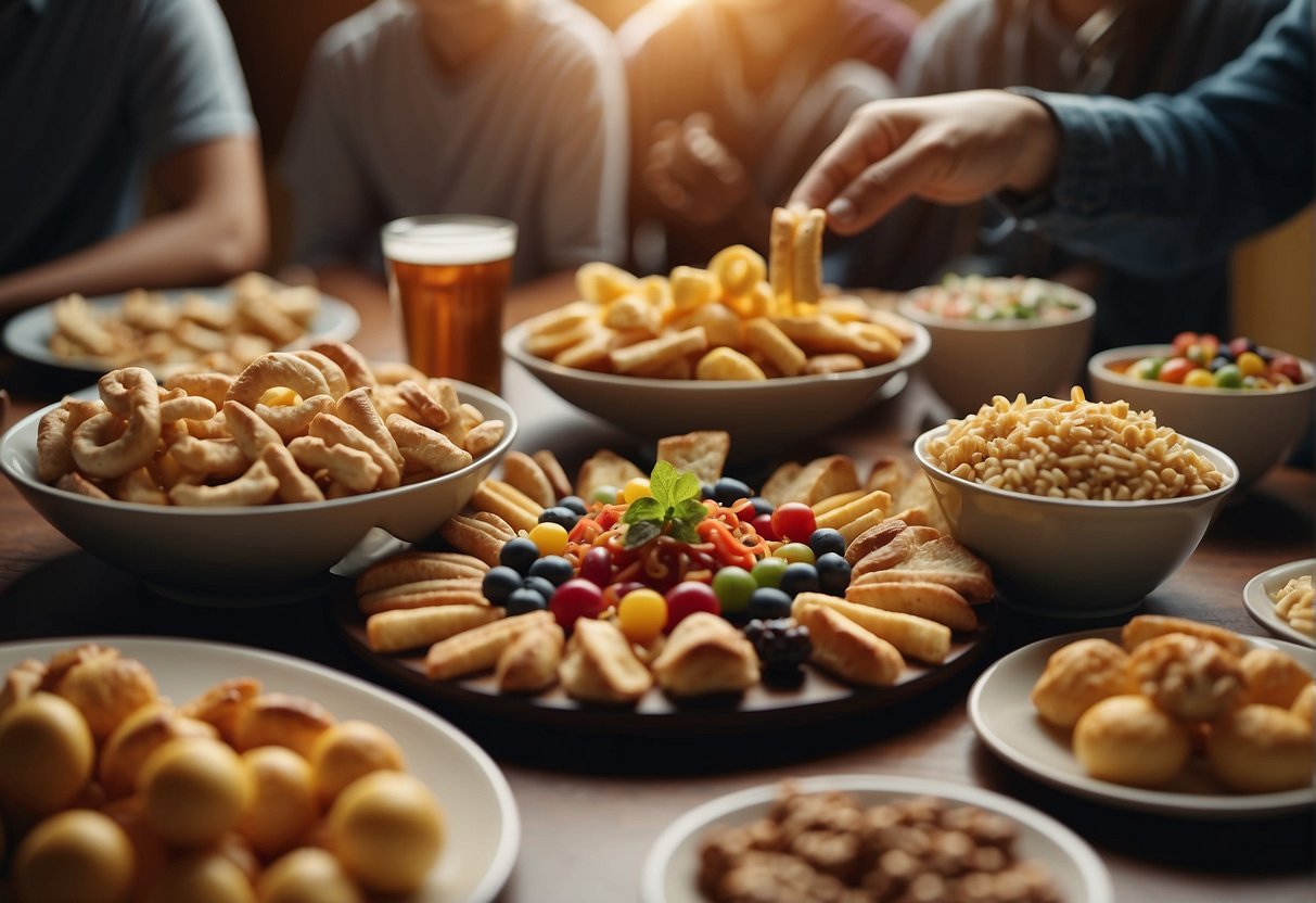 A table set with a variety of colorful snacks and finger foods, surrounded by boys playing games and chatting happily