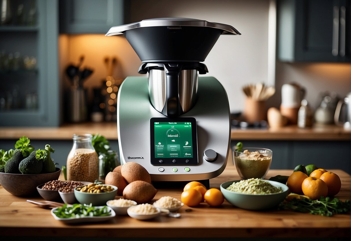 The Thermomix TM6 sits on a sleek kitchen countertop, surrounded by fresh ingredients and recipe books. A digital display showcases the latest promotions, enticing potential buyers